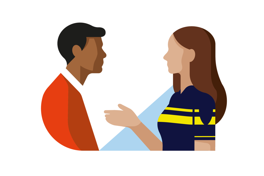 Illustratie van vrouwelijke agent in uniform in gesprek met man in rode trui