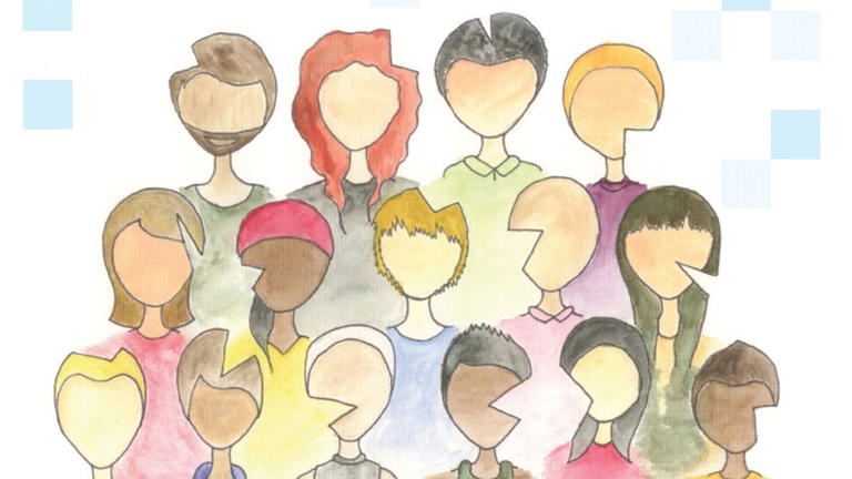Contextfactoren bij het ontstaan van PTSS - eenvoudige, kleurrijke illustratie van 15 verschillende mensen 